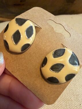 Vintage Round Cream and Black Enamel Clip On Earrings